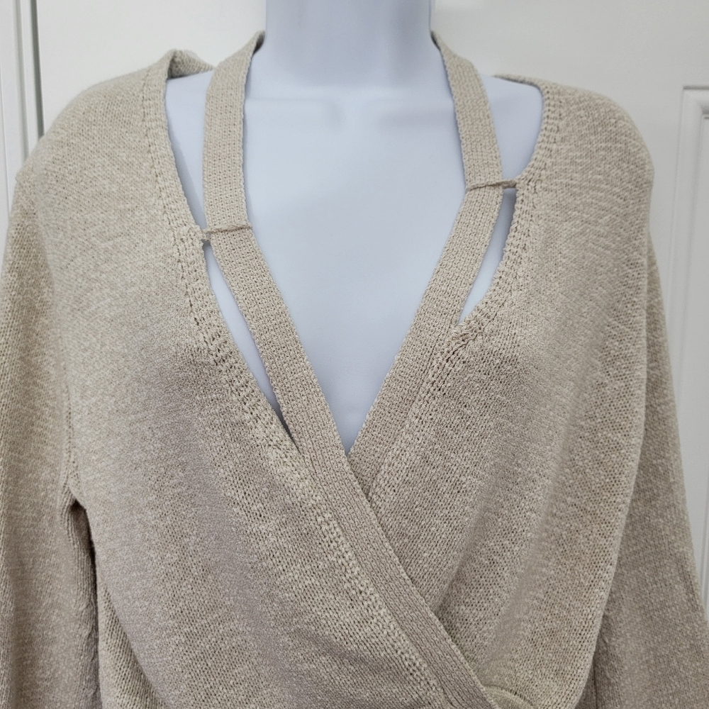VICI Beige V Neck Long Sleeve Wrap Knit Cardigan Sweater Cropped Long Tie Large - Picture 2 of 10